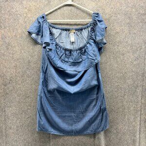 Tommy Bahama Dress Women Small Blue Chambray Tencel Ruffle Off Shoulder Casual